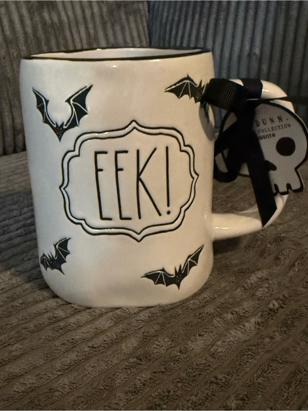 Rae Dunn Halloween 'EEK!' Ceramic Mug - Black and White w/ Bats 🦇 Pattern NWT